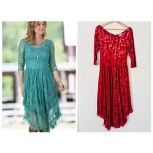 Rod's Western Dusty Red Fields Velvet Lace Tiered Women’s Dress Medium Cowgirl